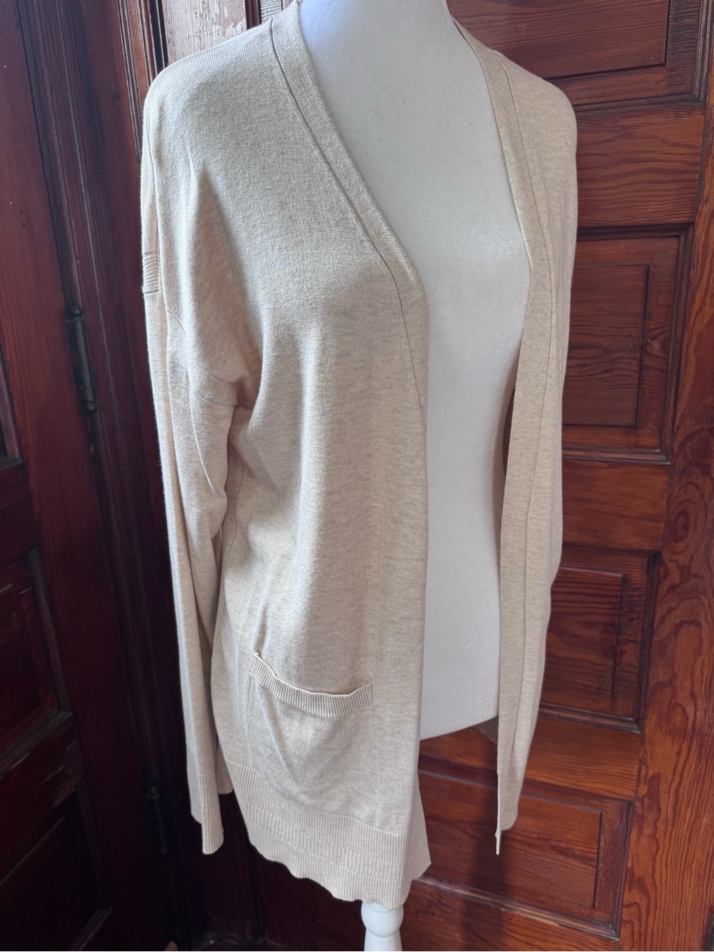 Beige Oatmeal Heather Open Front Lightweight Cardigan Medium